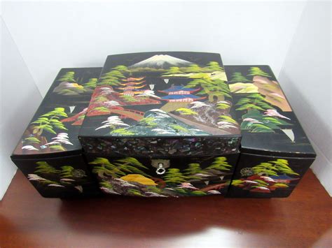 small asian black metal telescoping jewelry box|Black Lacquer Asian Jewelry Box .